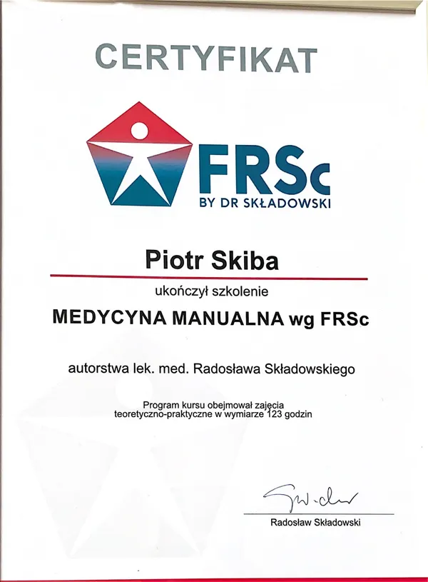 Fizjoterapeuta Piotr Skiba certyfikat medycyna manualna