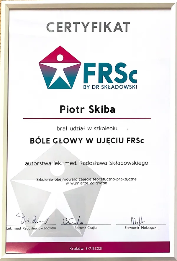 Fizjoterapeuta Piotr Skiba certyfikat bóle głowy w ujęciu FRSc