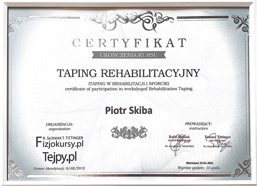 Fizjoterapeuta Piotr Skiba certyfikat taping rehabilitacyjny