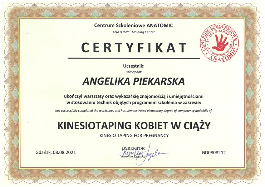 Certyfikat Angelika Piekarska Kinesiotaping kobiet w ciąży