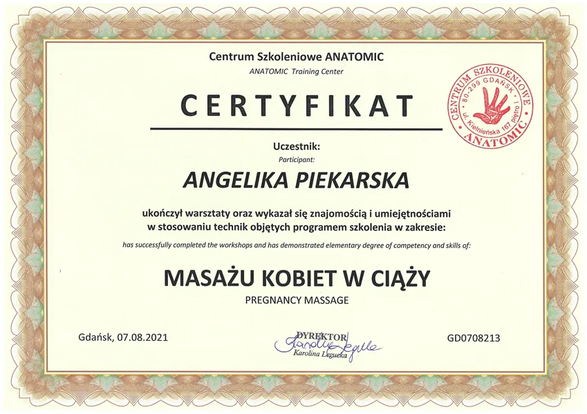 Certyfikat Angelika Piekarska masaż kobiet w ciąży