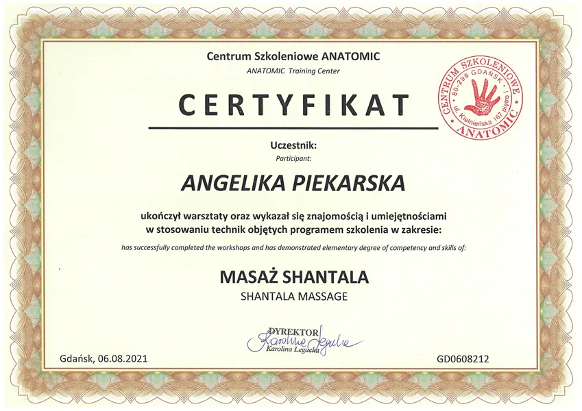 Certyfikat Angelika Piekarska masaż shantala