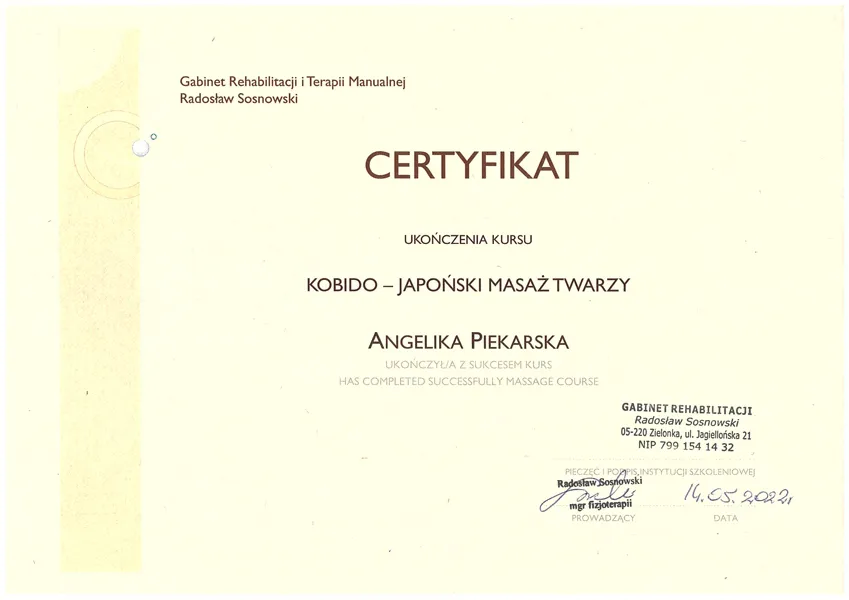 Certyfikat Angelika Piekarska japoński masaż twarzy kobido